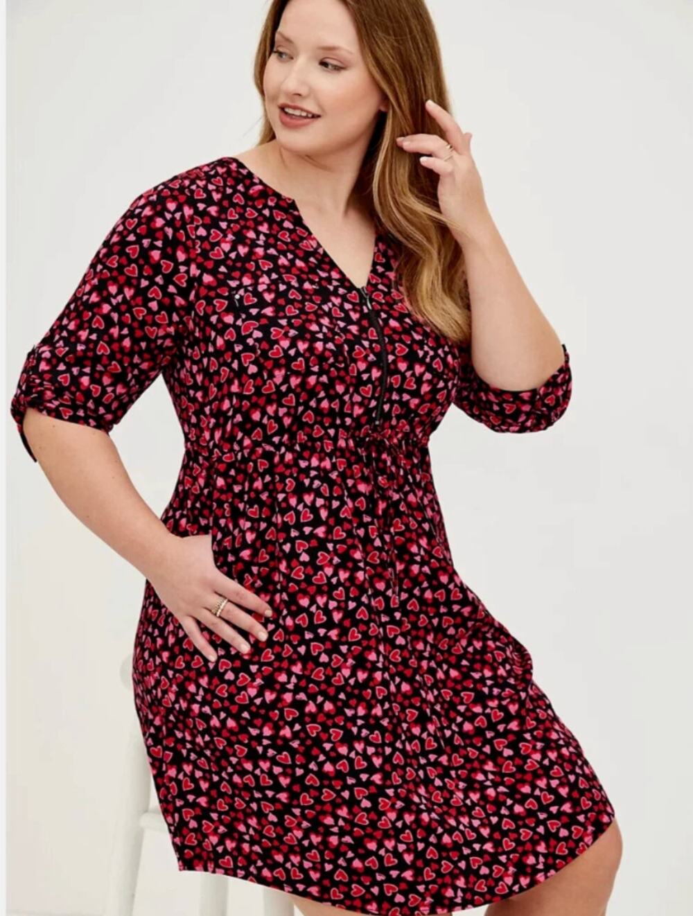Torrid - Women's Shirt Dress - Stretch Challis - Hearts Black Red Pink - Size 2